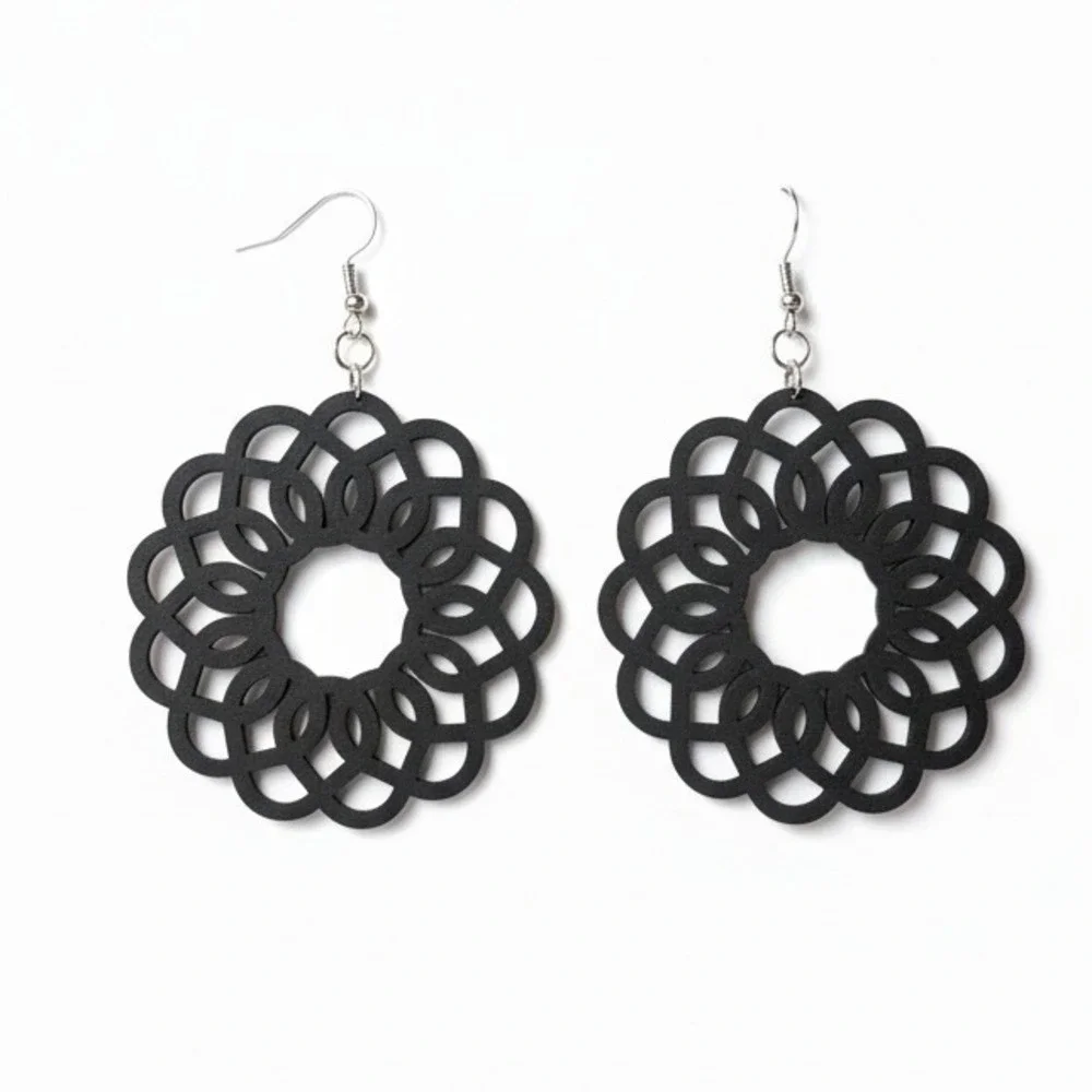 Black Geometric‎ Flower Dangle Earrings For Women Boho Chic OOAK